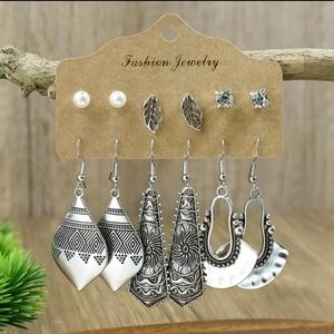 NWT Silver Geometric Earrings Set 6 Pairs  Women's Retro Sty